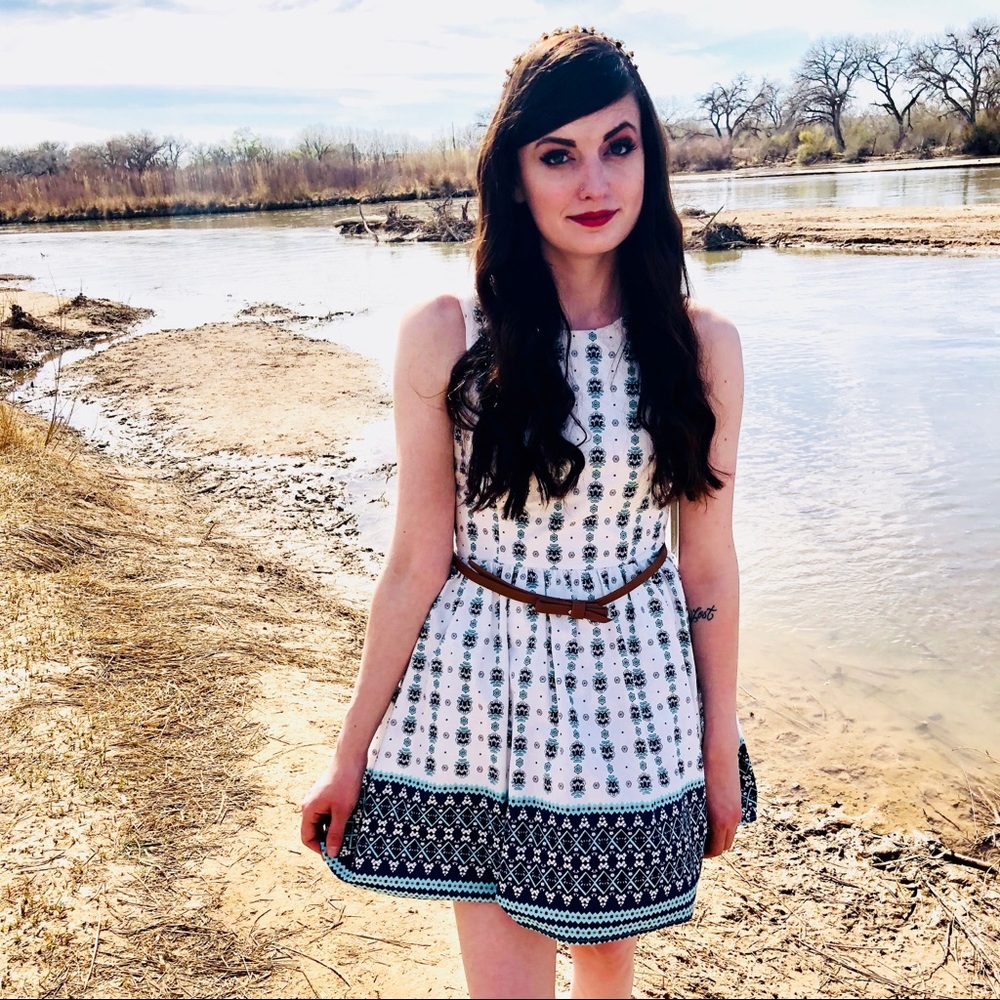 NWT White and Blue Belted Spring A Line Dress
